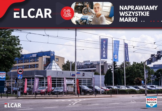 Na zdjęciu serwis samochodowy ELCAR Bosch Car Service przy Pasażu Grunwaldzkim. Przed budynkiem przeszklonego warsztatu stoją zaparkowane samochody