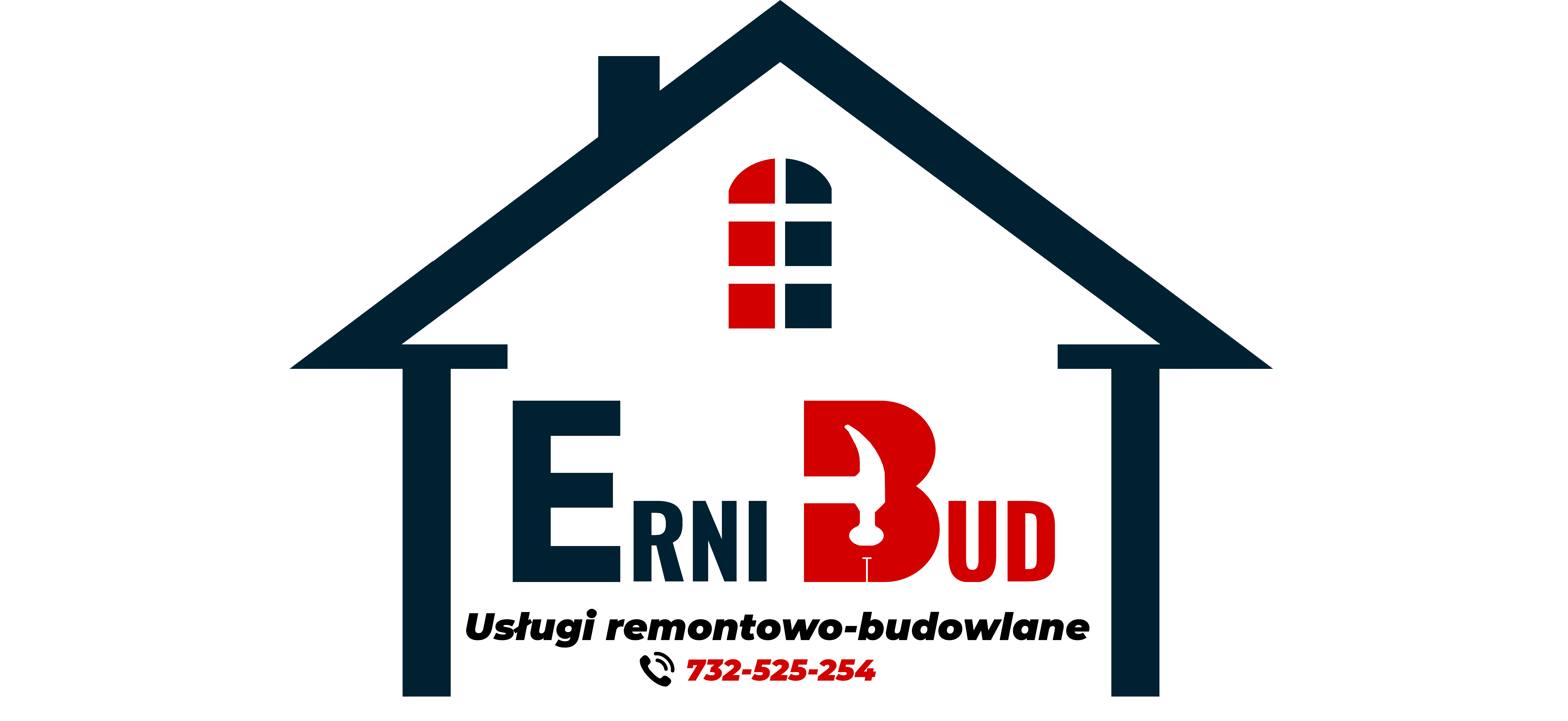 logo firmy - domek z oknem i z nazwą firmy w środku ErniBud w kolorze czarno czerwonym