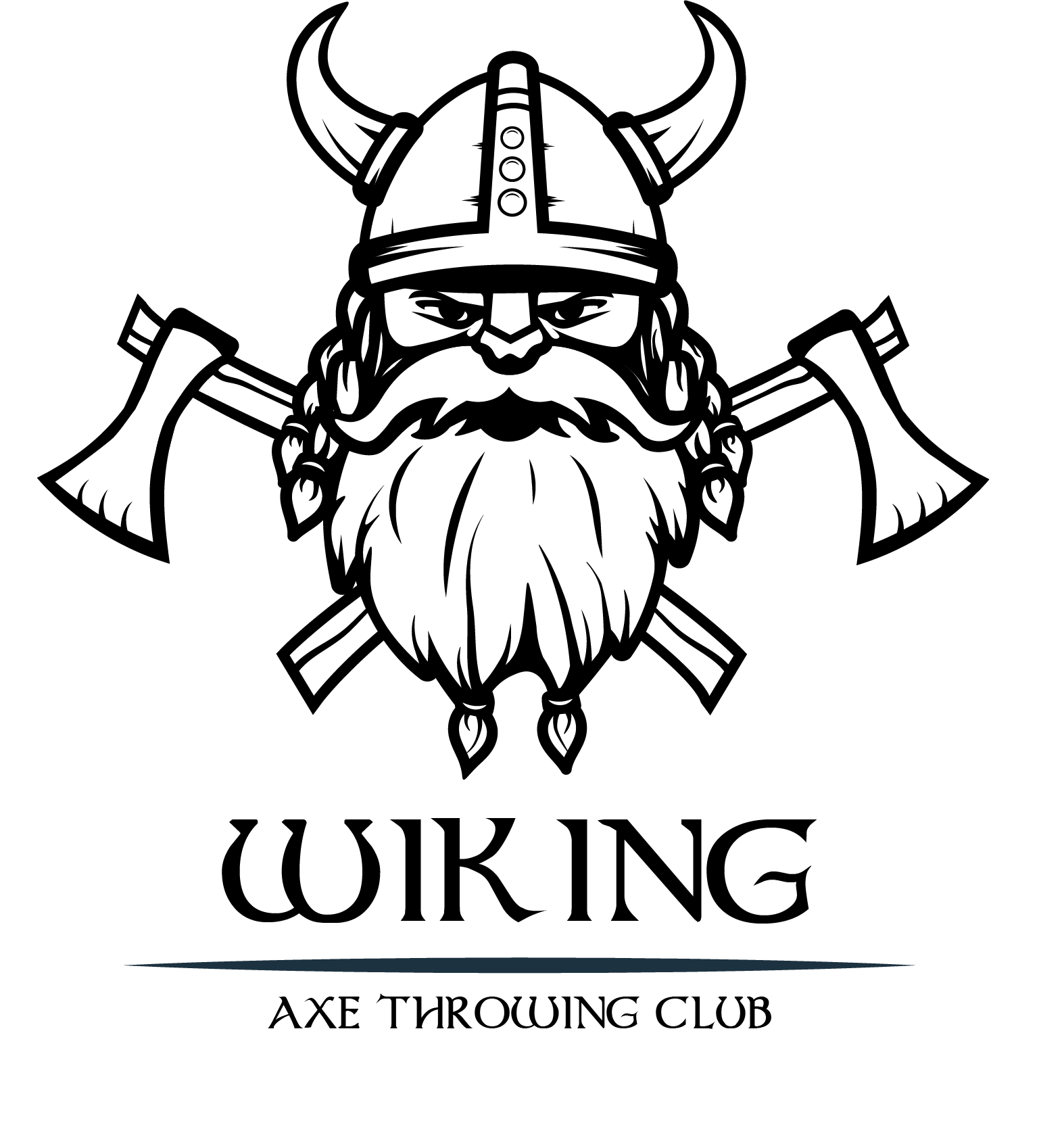 Czarno-białe logo. Głowa wikinga w chełmie z rogami. A pod jego głową skrzyżowane dwa topory