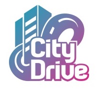 logo z napisem city drive ze znakiem graficznym w kształcie drogi i wieżowca