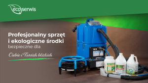 baner eco serwis, na zdjęciu maszyna piorąca i środki chemiczne