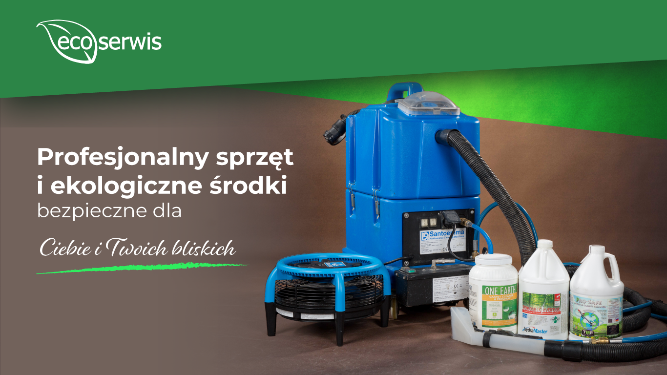 baner eco serwis, na zdjęciu maszyna piorąca i środki chemiczne