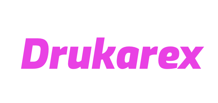 Jaskrawo różowy, pogrubiony, pochylony napis "Drukarex"