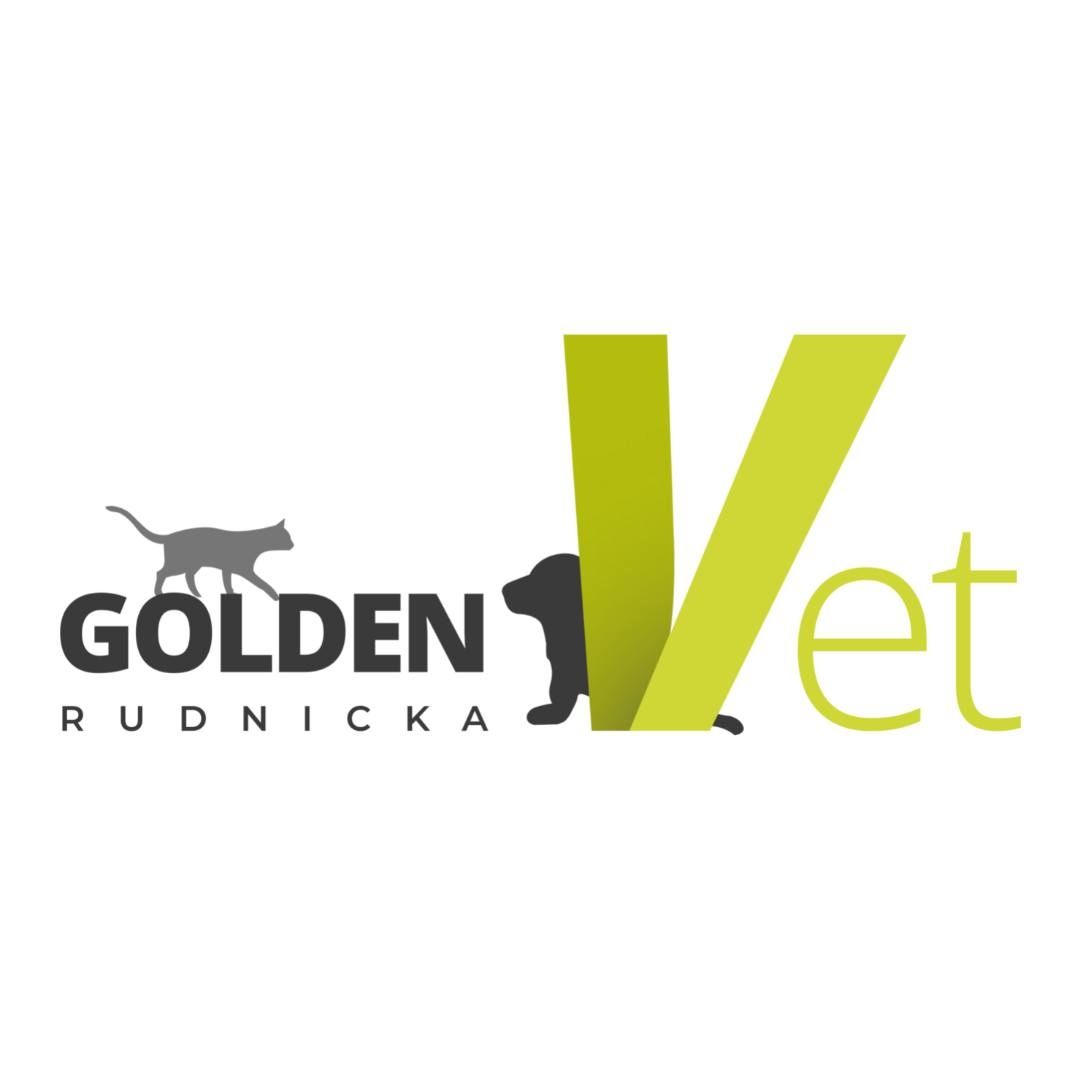 Logo przedstawia napis Golden Vet gdzie po pierwszym członie chodzi kot, a za literą V z drugiego członu chowa się pies