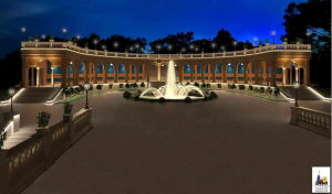 wizualizacja Bastionu Sakwoewgo, kolumnada z fontanną na tle nocnego nieba